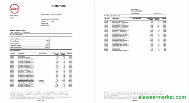 Kenya Absa bank statement Word and PDF template, 2 pages